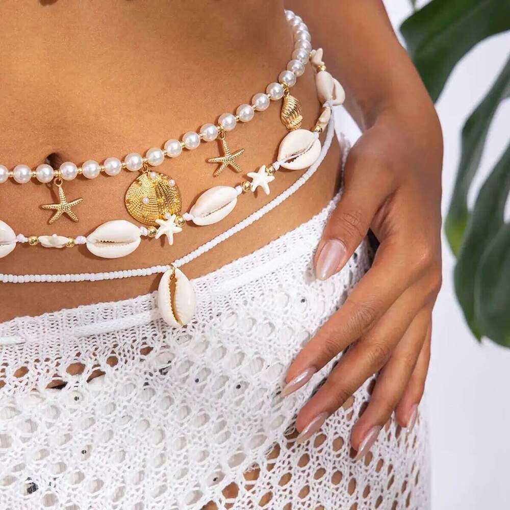 IngeSight.Z Fashion Boho Starfish Scallop Pendant Waist Chains Women Beach Sexy Bikini Imitation Pearl Body Chain Jewelry Gifts H260228