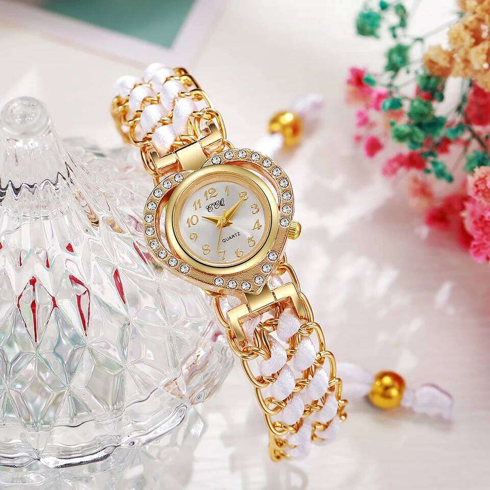 Rhinestone Women es Fashion Heart Dial Woven Strap Ladies Quartz Wrist Reloj MujerWithout Box H260228