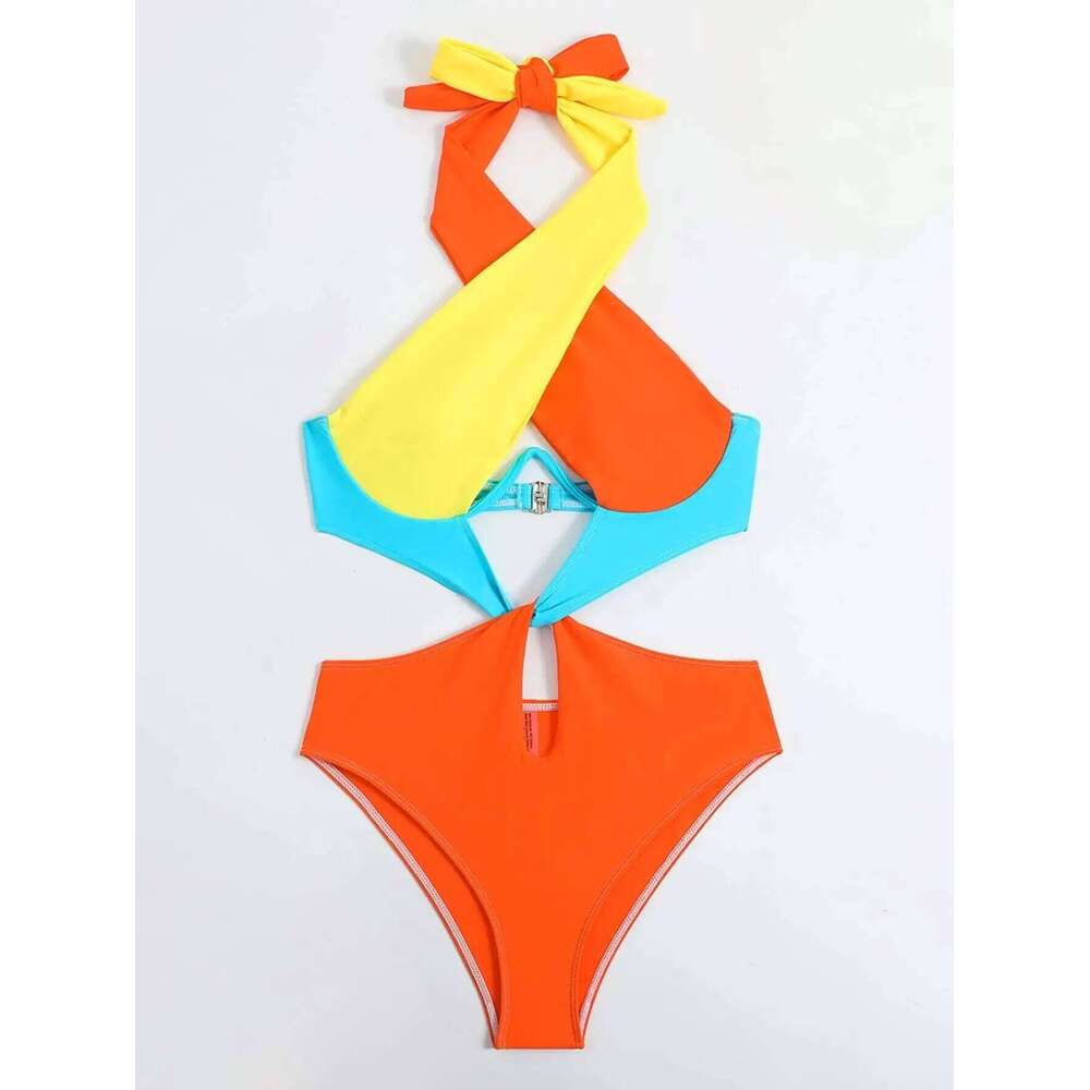 Cikini-Colorblock Cut Out Tie Back Underwire Swimsuit for Women, Summer Beach Swimwear, One Piece Bathing Suit Z260301
