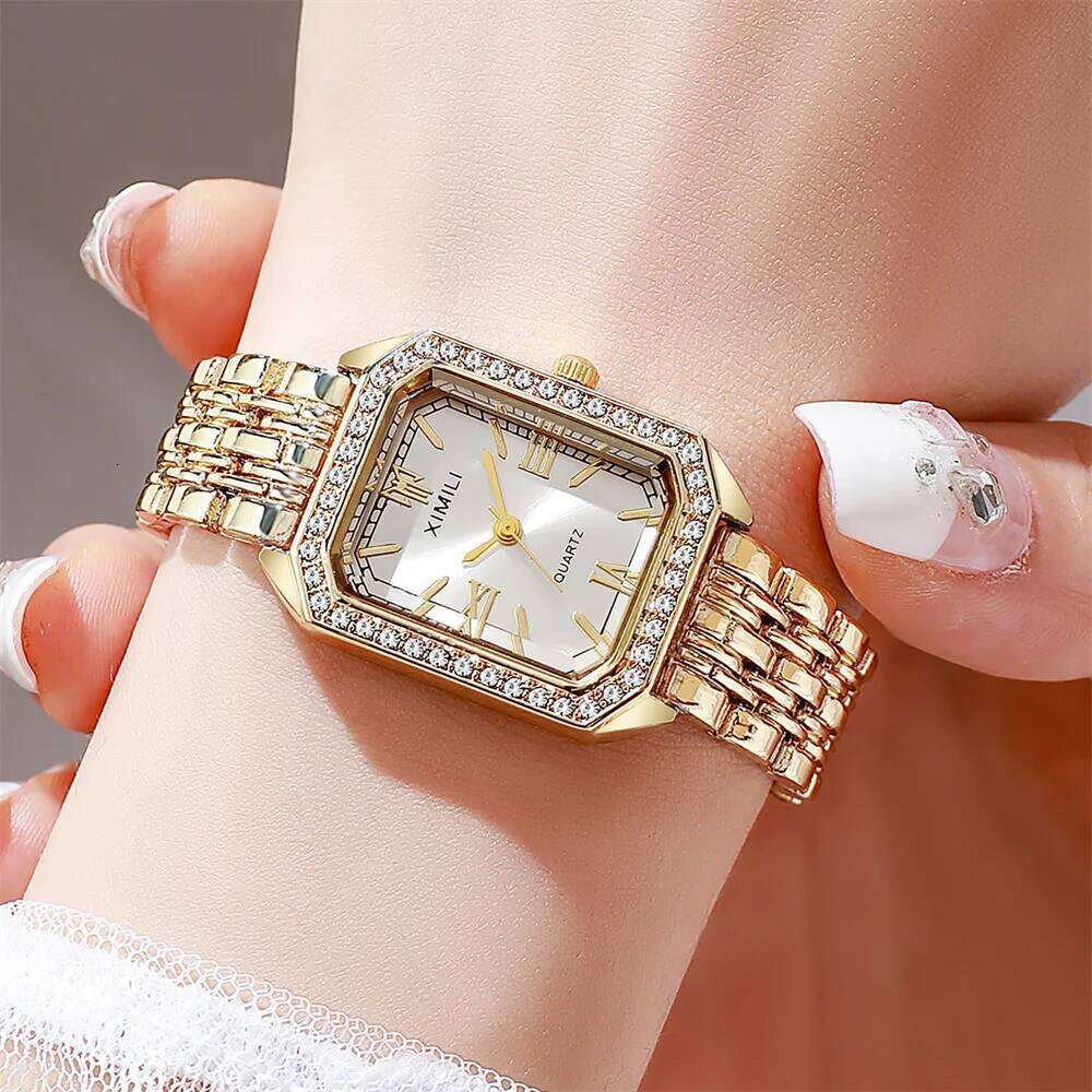 Luxury Gold Simple Diamonds Ladies Quartz Casual Stainless Steel Women Fashion Gift Dress es H260228