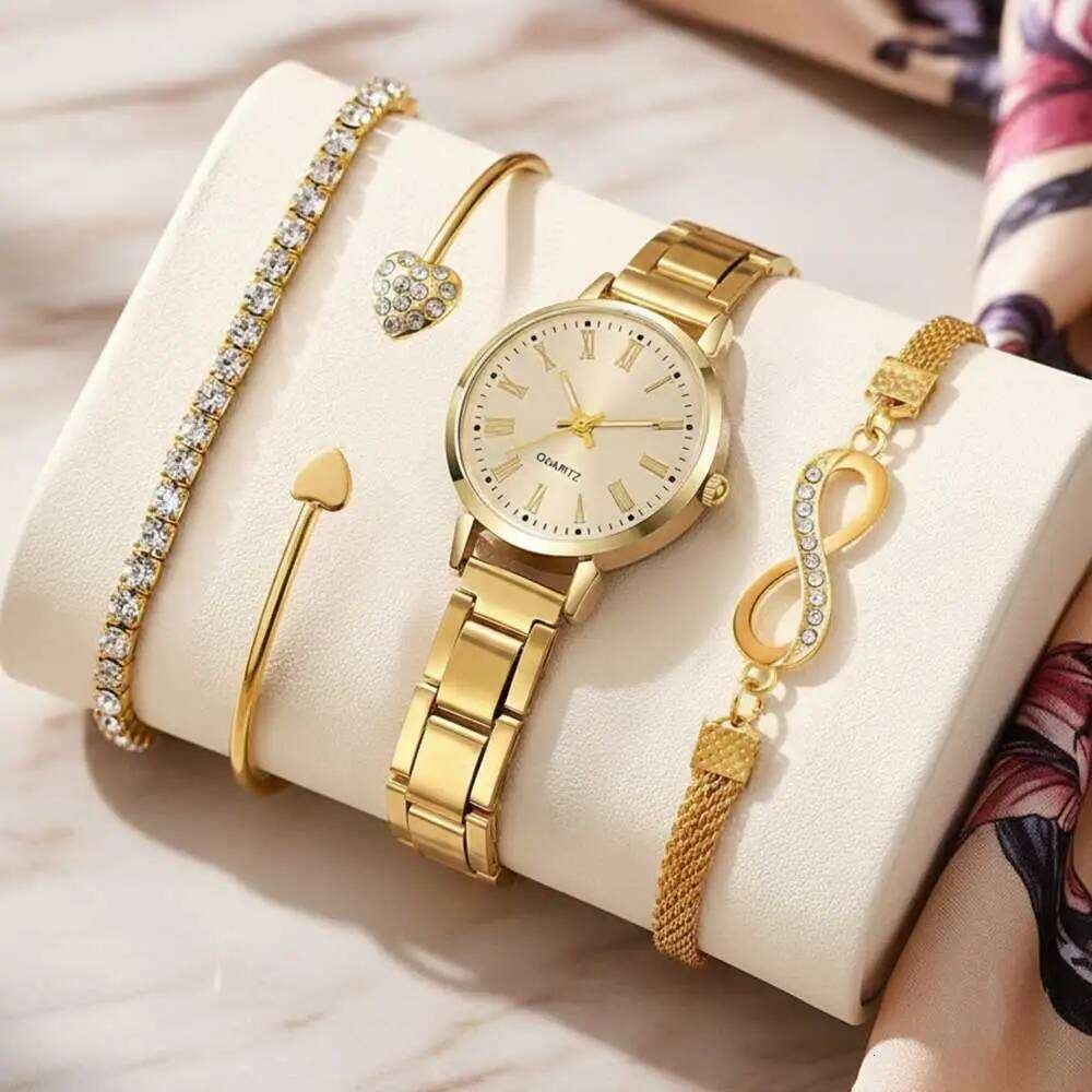 4PCS Fashion Women's Trendy Simple Roman Numerals Scale Round Dial Quartz Set Perfect Gift H260228