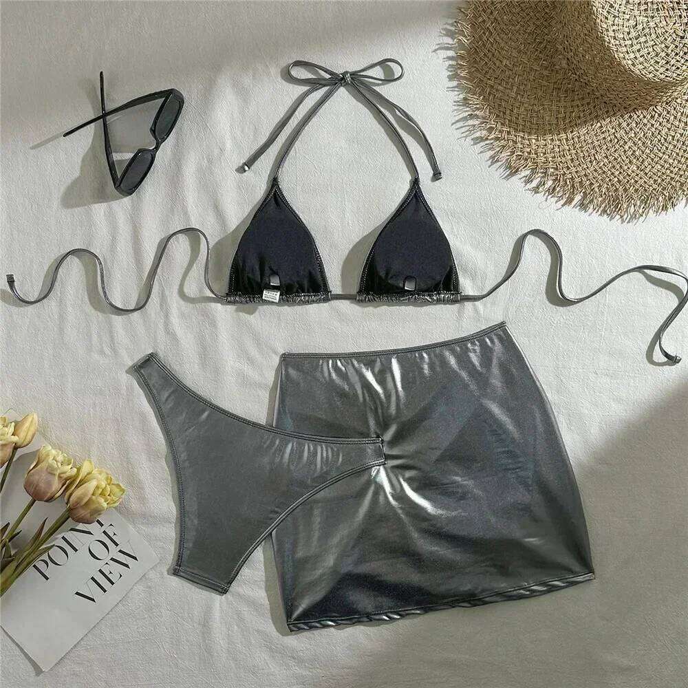Gold Micro Thong String 3 Piece Bikini Set Damen Halter Swimwear Skirts Cover Ups Sexy Swimsuit Women 2026 Bathing Suit Bikinis Z260301