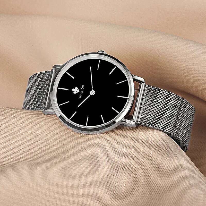 WWOOR New Womens Fashion Simple Ladies Slim Silver Black Dress Steel Mesh Sports Waterproof Wristes Reloj Mujer H260228