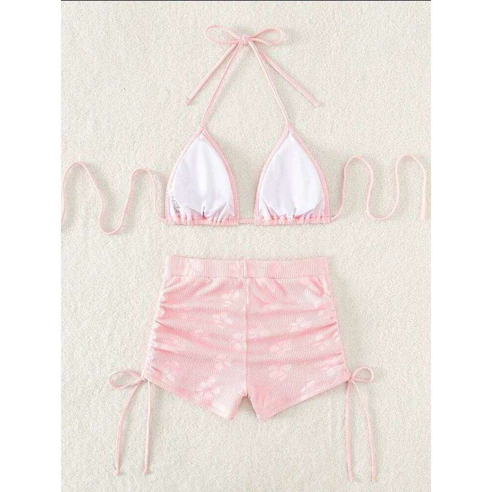 Special Fabric Neck Hanging Sexy Pink Swimsuit 2 Piece Set Halter Top Knot On The Edge Bikini Bottom 2025 Bathing Suit Z260301