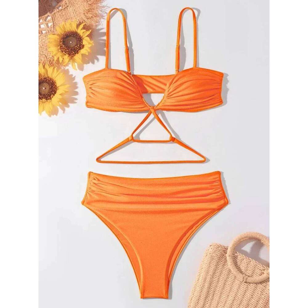 V Neck Wrinkled Stain Bikinis Female Swimsuit High Waist Women Swimwear Two-pieces Bikini Set Bather Bathing Suit Swim Z260301
