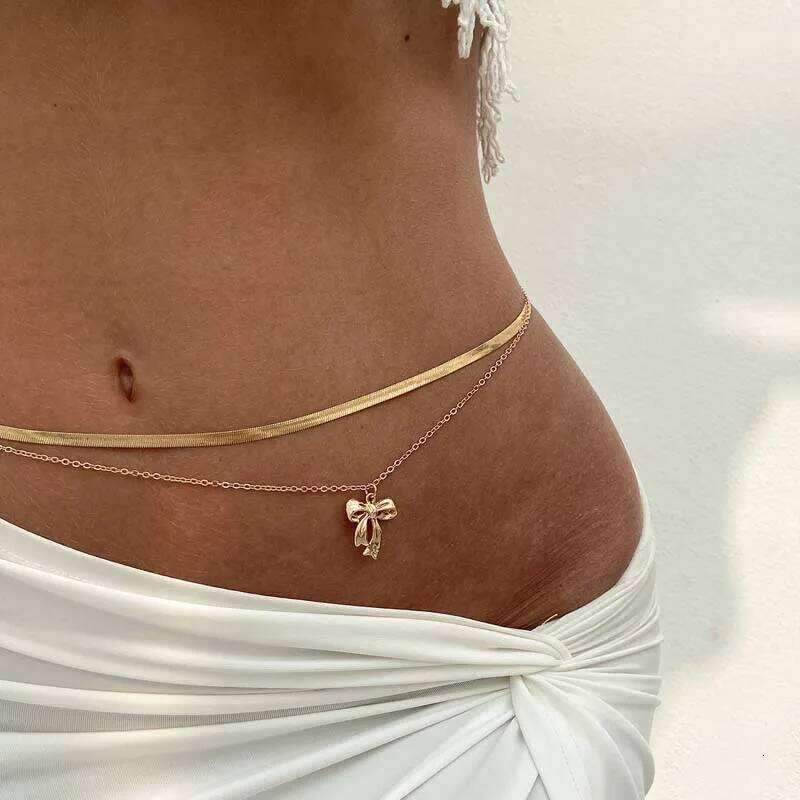 Sexy Bow Flat Snake Waist for Women Simple Gold Color Metal Double Layered Belly Chain Summer Beach Jewelry Accessories H260228