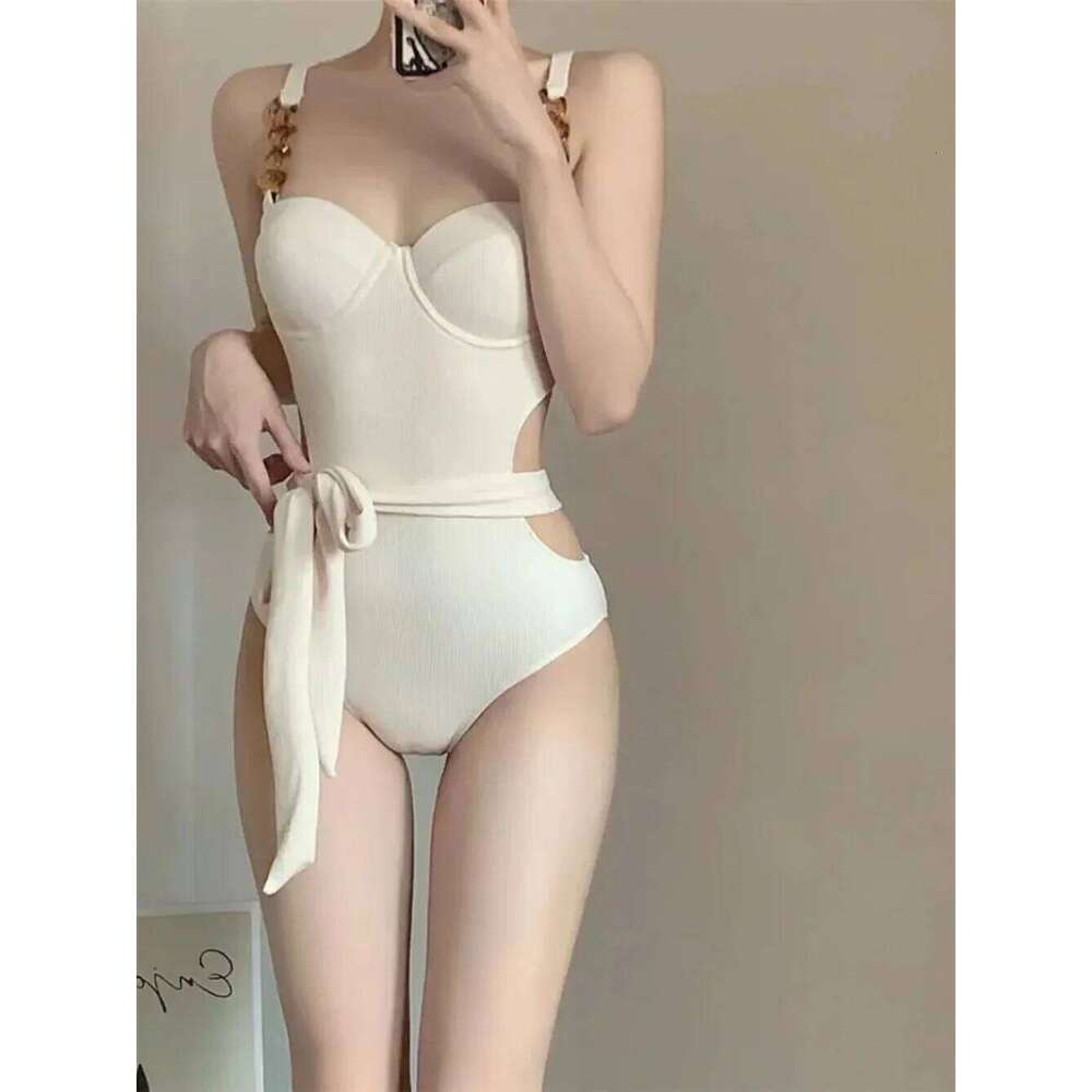 Sexy Korean Fashion Push Up Swimsuit One Piece Black and Beige with Waist Tie Hollow Bodysuits Bikinis Padded Swimwear Z260301