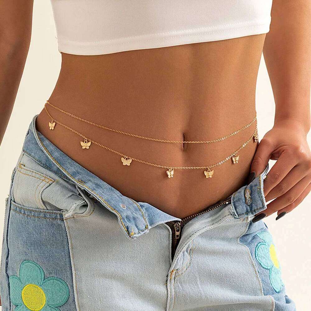 Simple Double-Layer Thin Waist Vintage Butterfly Pendant Belly Chain Women's Summer Beach Bikini Party Body Jewelry H260228