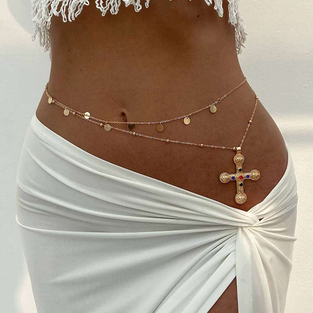SHIXIN 2Pcs Double Layer Sequin Tassel Waist Jesus Cross Pendant Belly Chain for Women Sexy Bikini Dress Belt Body Jewelry H260228