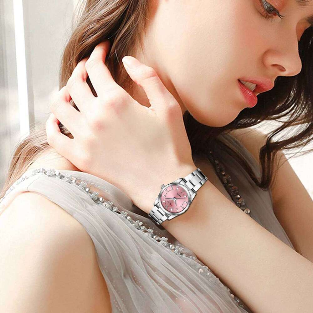 Luxury Women's 29mm Fashionable Stainless Steel Rhinestone Pink Minimalist Girl Clock Outdoor Travel Women Wrist es H260228