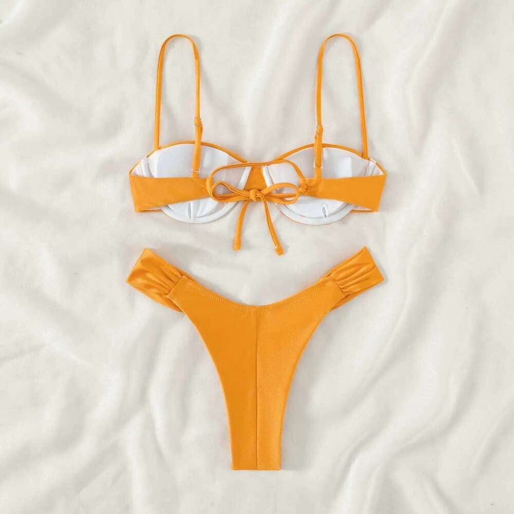 Women Sexy High Cut Bikini Sets Push-up Pleated Bra+Low Waist Briefs Two-Piece Swimsuits Solid Color Swimwear Z260301