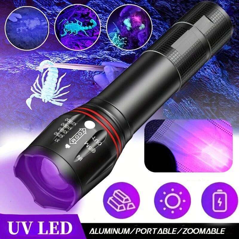395nm LED UV Flashlight Rechargeable Zoomable Torch Light for Pet Urine Stain Tools Lantern Money Fluorescer Detector Z260301