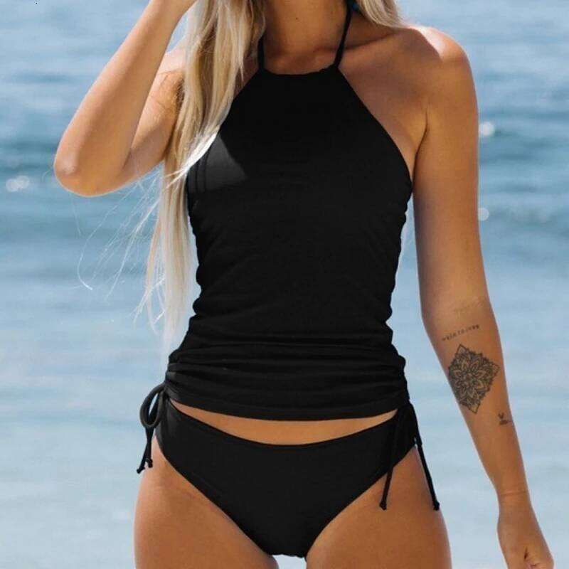 Women Split Solid Color Side Drawstring Halter Vest Tankini Set Swimsuit Female Bathers Bathing Swimming Swim Suit Z260301