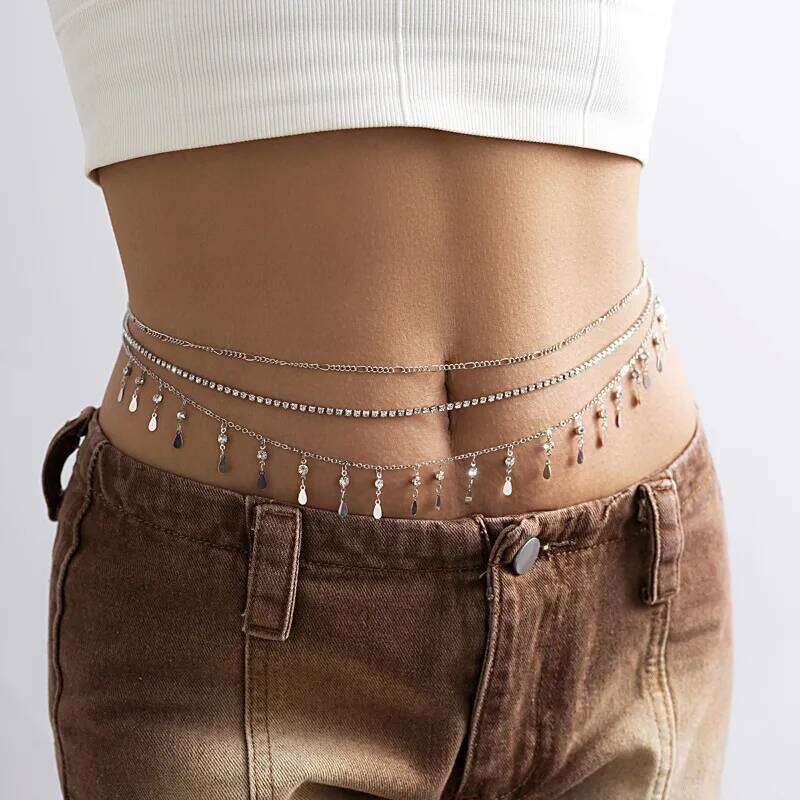 Women's Western Multilayer Fringe Glitter Sequins Metal Waist Chain Rhinestone Heart Slim Party Street Body Jewelry H260228