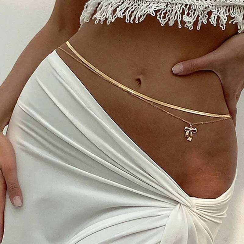 Sexy Bow Flat Snake Waist for Women Simple Gold Color Metal Double Layered Belly Chain Summer Beach Jewelry Accessories H260228