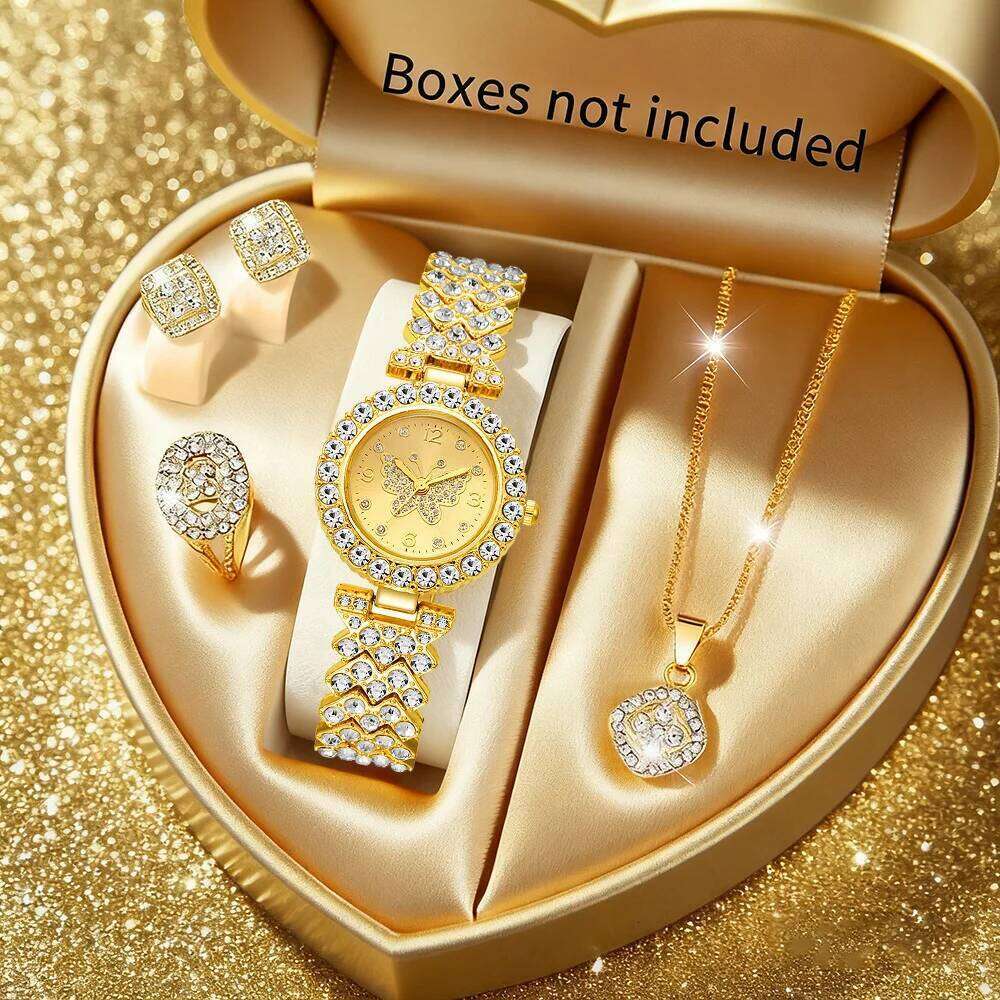 5PCS Fashion Rhinestone Butterfly Dial Women Quartz Elegant Ladies Wrist Jewelry Set Reloj MujerWithout Box H260228