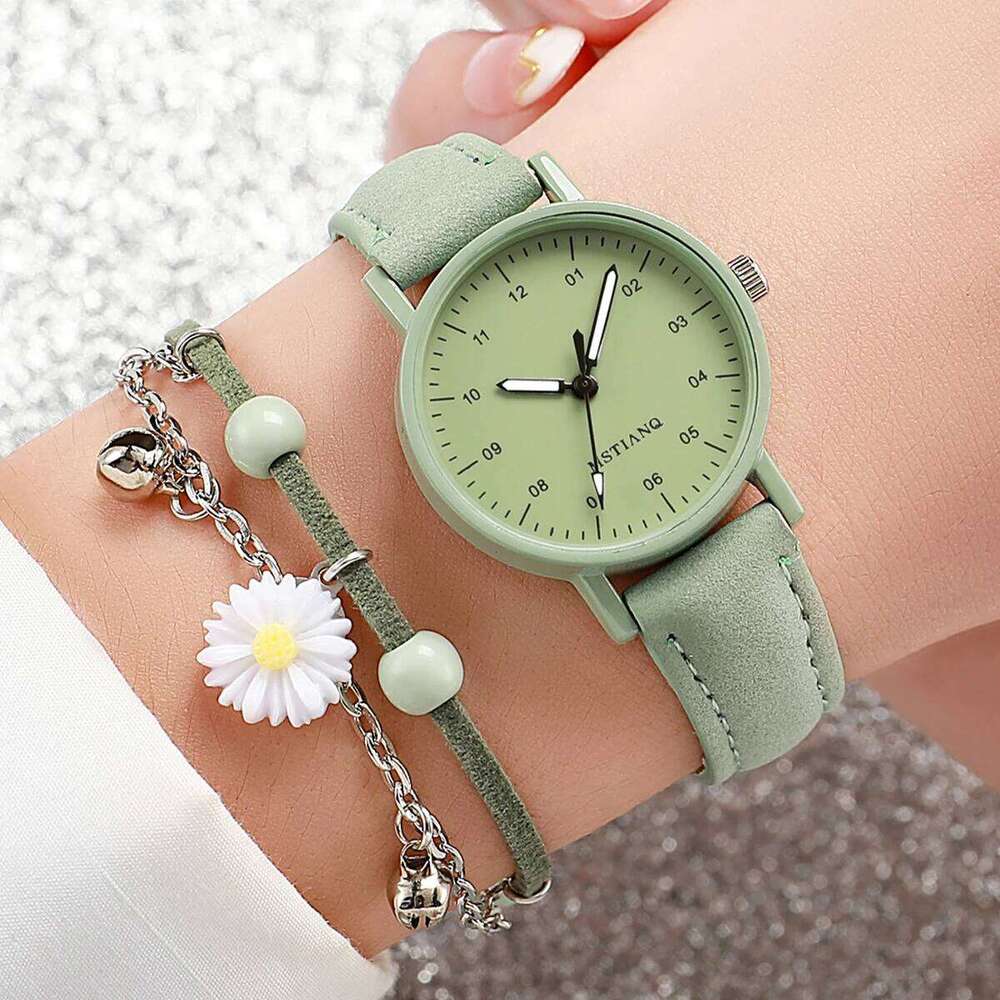 2PCS/Set Women's Fashion Arabic Dial Leather Band Quartz es Flower Set H260228