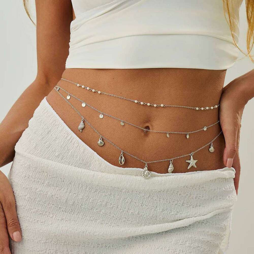 Summer Vacation Body Chain Starfish Shell Pendant Waist Jewelry Ins Sexy Beach Goddess Accessories H260228