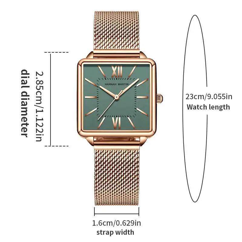 Hannah Martin Classic Women's Fashion Square Stainless Steel Mesh Belt with Japanese Quartz Movement Gift for Women H260228