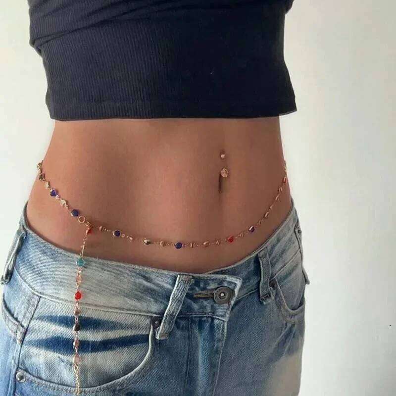 2025 Fashion Colorful Zircon Waist for Women Bohemian Gold Color Shiny Rhinestone Long Tassel Belly Chain Body Jewelry H260228