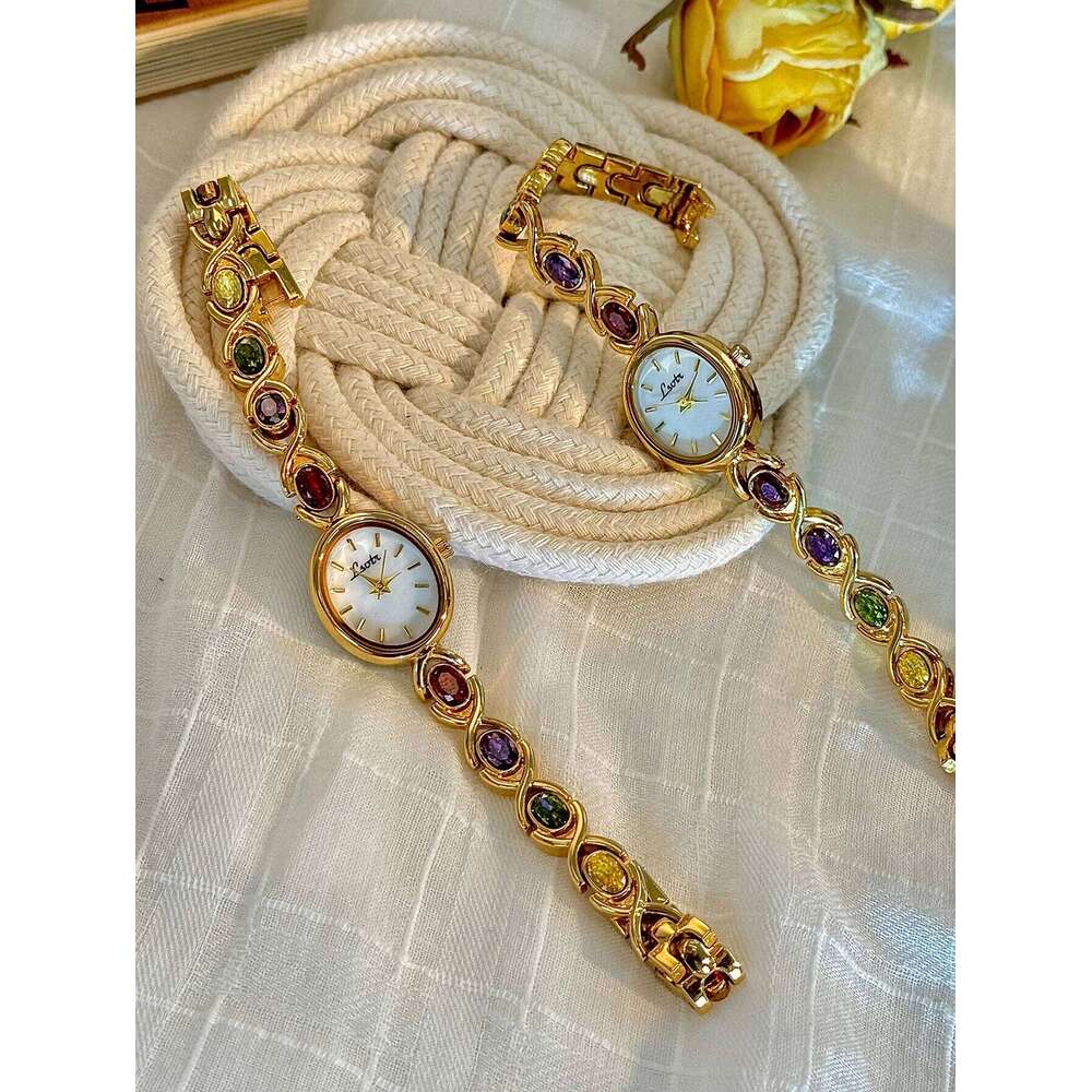 1 Piece of New High-End Colorfuled Tourmaline Gem Rhinestone Inlaid Accessible Retro Elegant Fashion Women's Oval Mother-Of-Pearl Dial 30m H26022