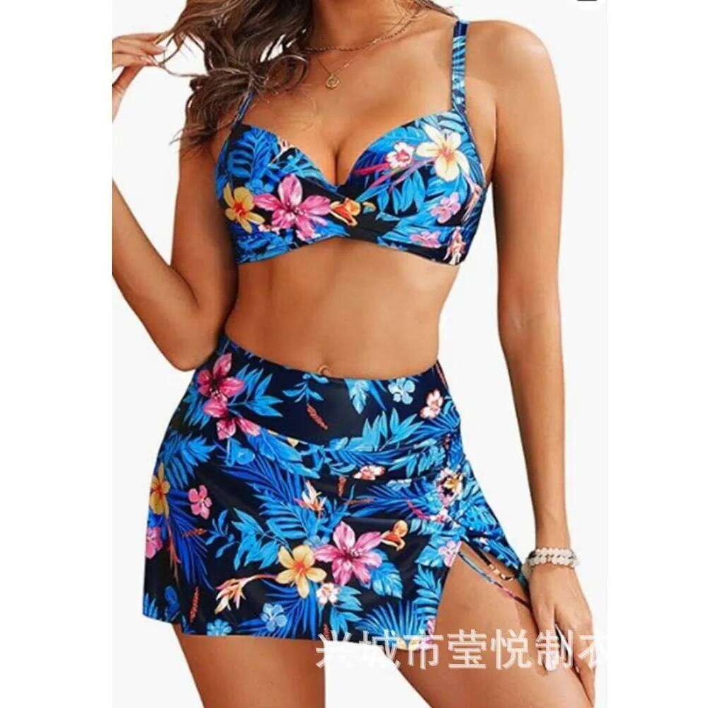 ropical Print Set Sexy Jungle Leaf Two Piece Halter & High Waist Summer Floral Vintage Bikini Skirt Sundress Beach Outing Z260301