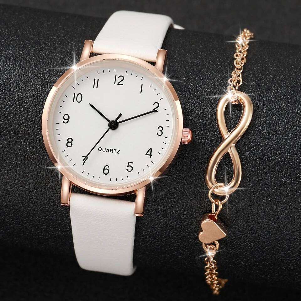 2PCS/Set Women's Fashion Arabic Dial Leather Band Quartz es Gold Heart Set H260228