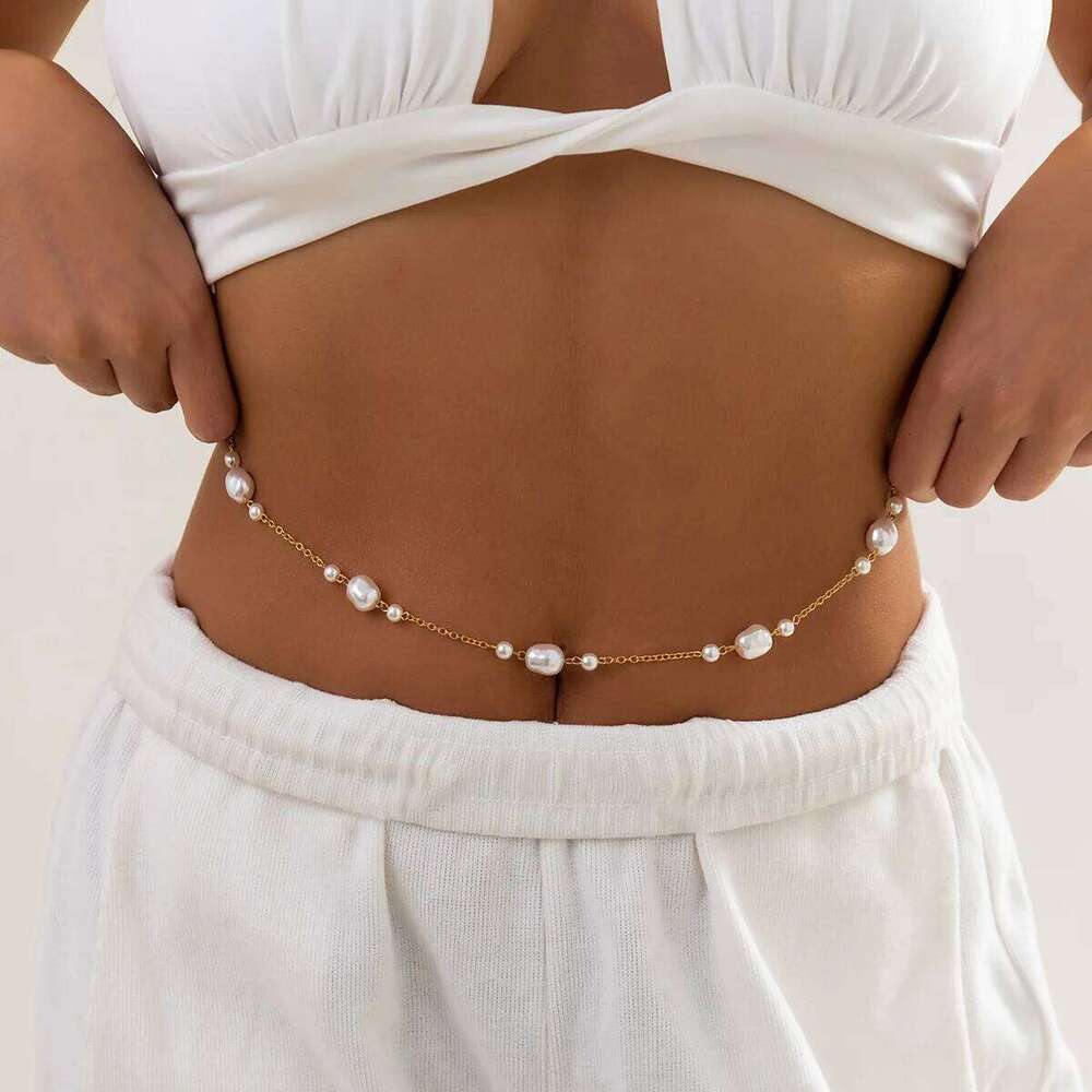 Kpop Irregular Imitation Pearl Waist Belly Chain for Women Gold Color Metal Sexy Summer Bikini Beach Body Jewelry 2023 New Trend H260228