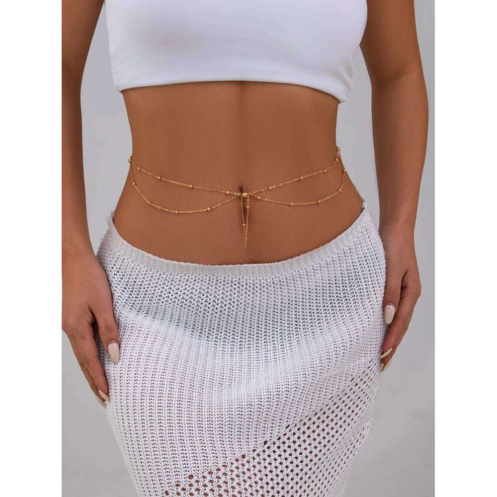 Boho round bead tassel pendant waist 2025 simple sweet creative gold color metal girl body chain fashion jewelry H260228