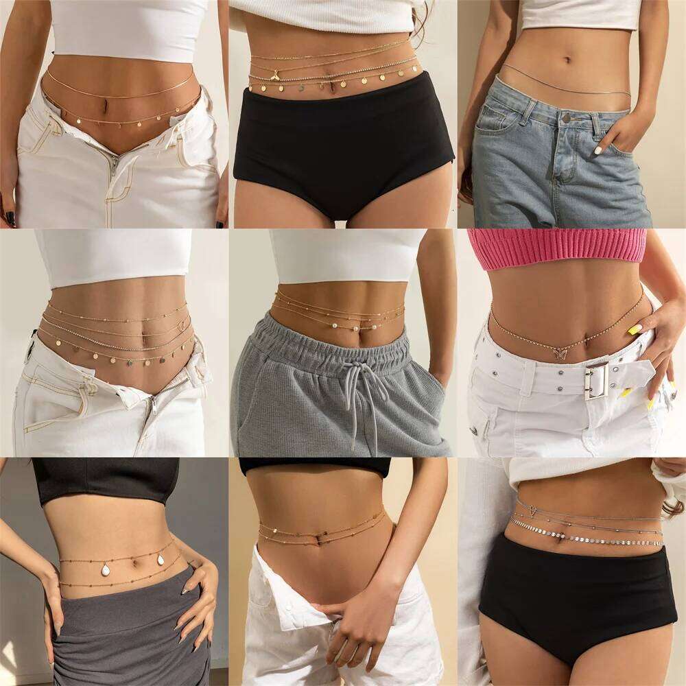 Fashion MultiLevel Gold-plate Crystal Round Sequin Heart Pendant Waist Chain For Women Elasticity Sexy Beach Body Jewelry Gift H260228