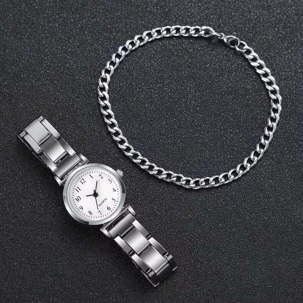 2PCS/Set Fashion Silver Alloy Band Women's Arabic Dial Female Quartz es Chain s SetWithout Box H260228