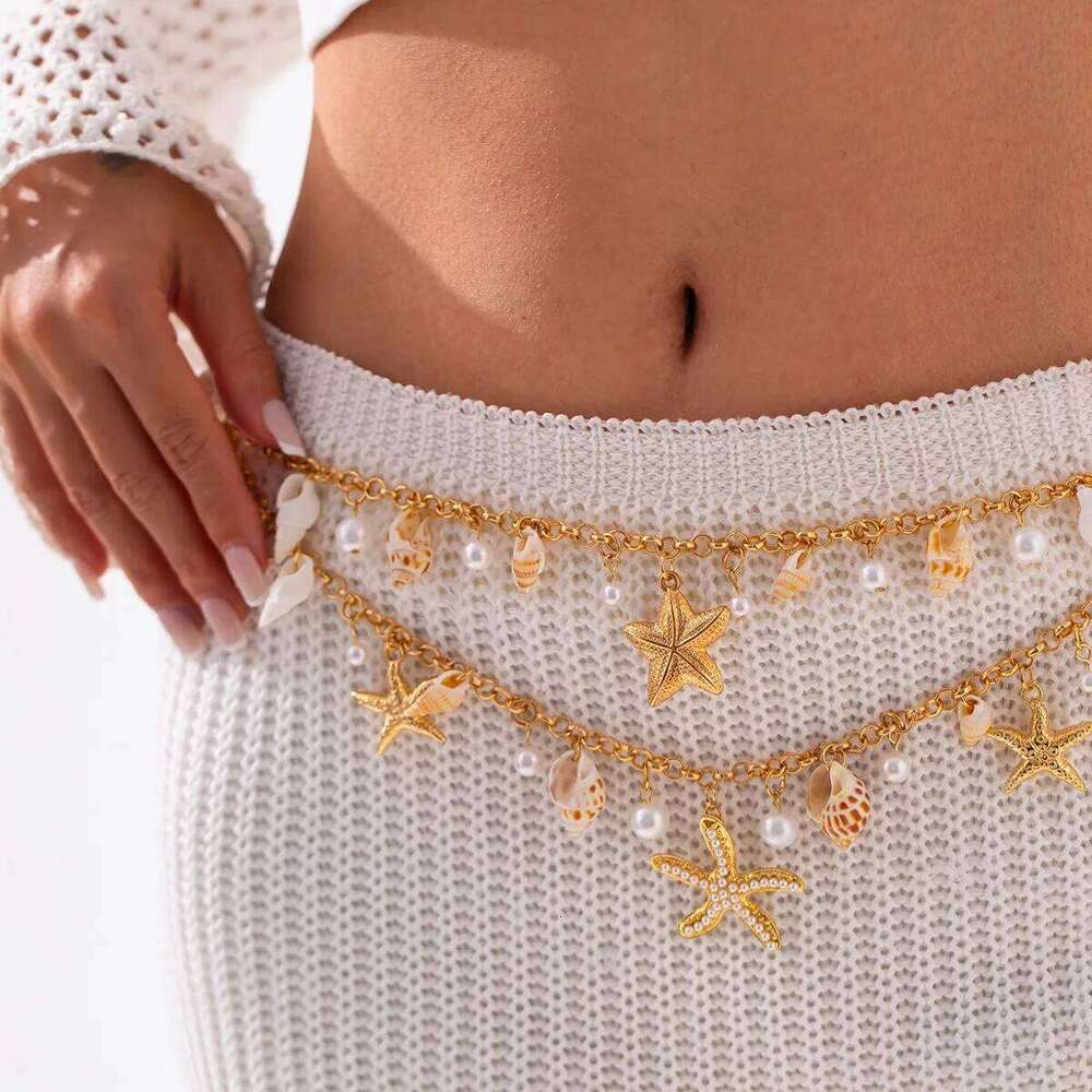 New European and American Bohemian Beach Starfish Shell Waist Chain, Fashion Imitation Pearl Conch Body Chain H260228