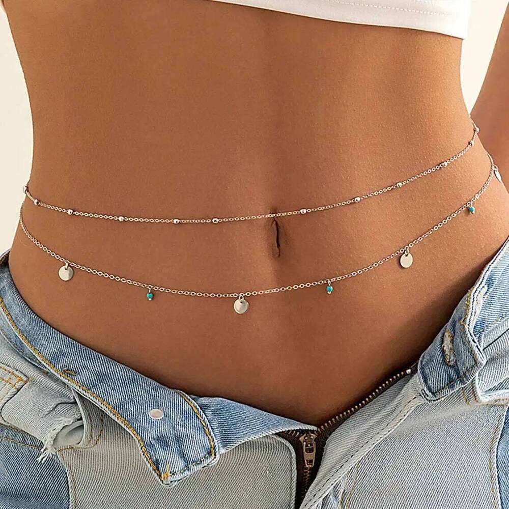 Minimalist Tassel Sequin Double Layer Casual Pants Hip-hop Body Fashionable Retro Turquoise Waist Chain H260228