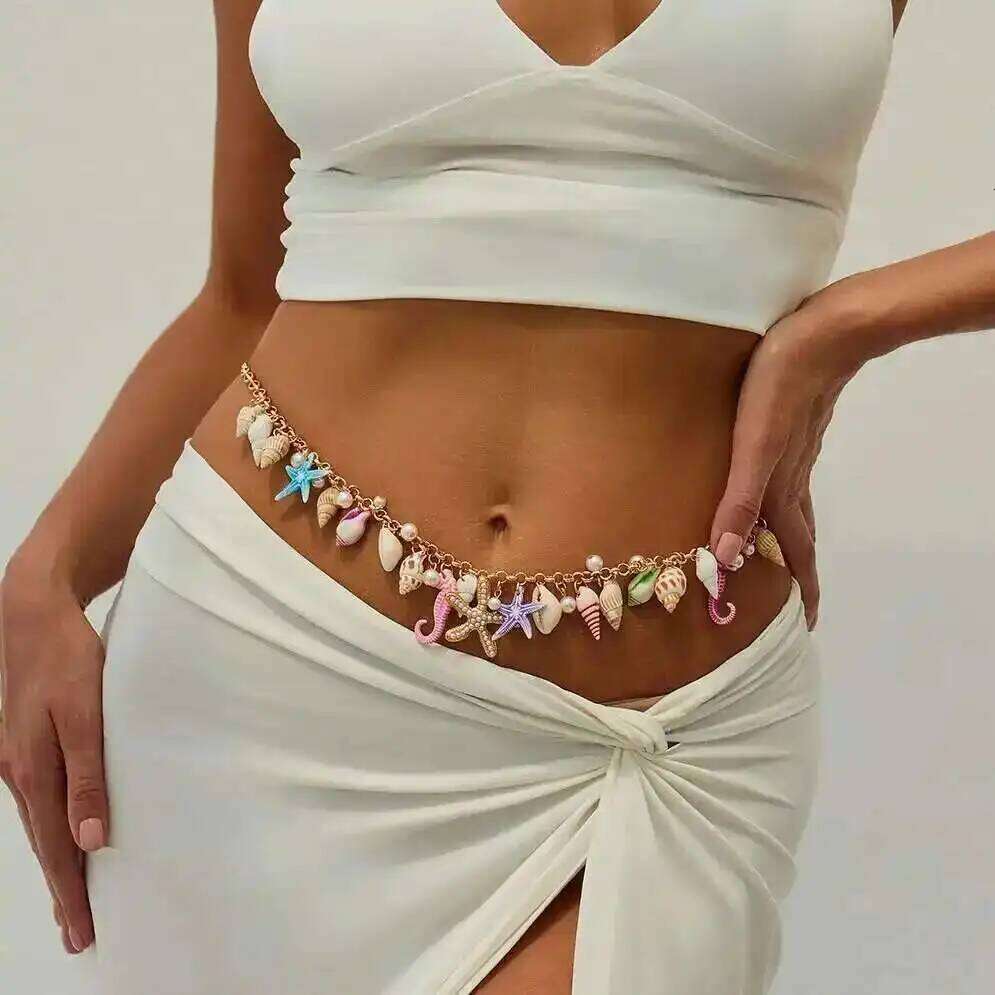 Salircon Boho Starfish Conch Colorful Waist Women Summer Beach Imitation Pearl Sexy Bikini Belly Body Chain Y2K Jewelry H260228