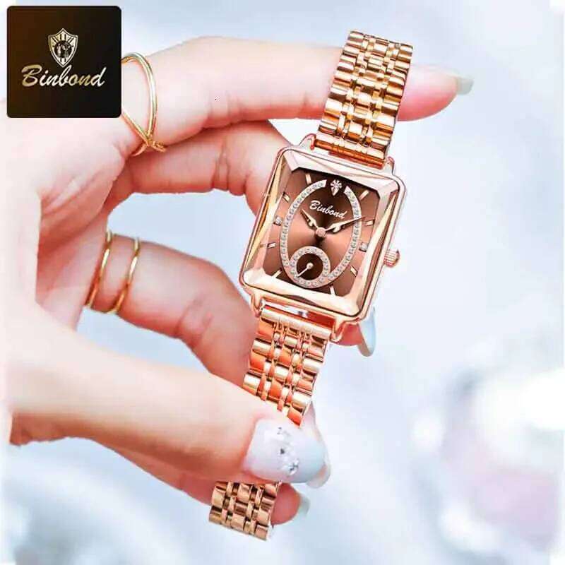BINBOND Fashion Elegant Quartz High Quality Jewelry Design Waterproof Square Rose Gold Women H260228