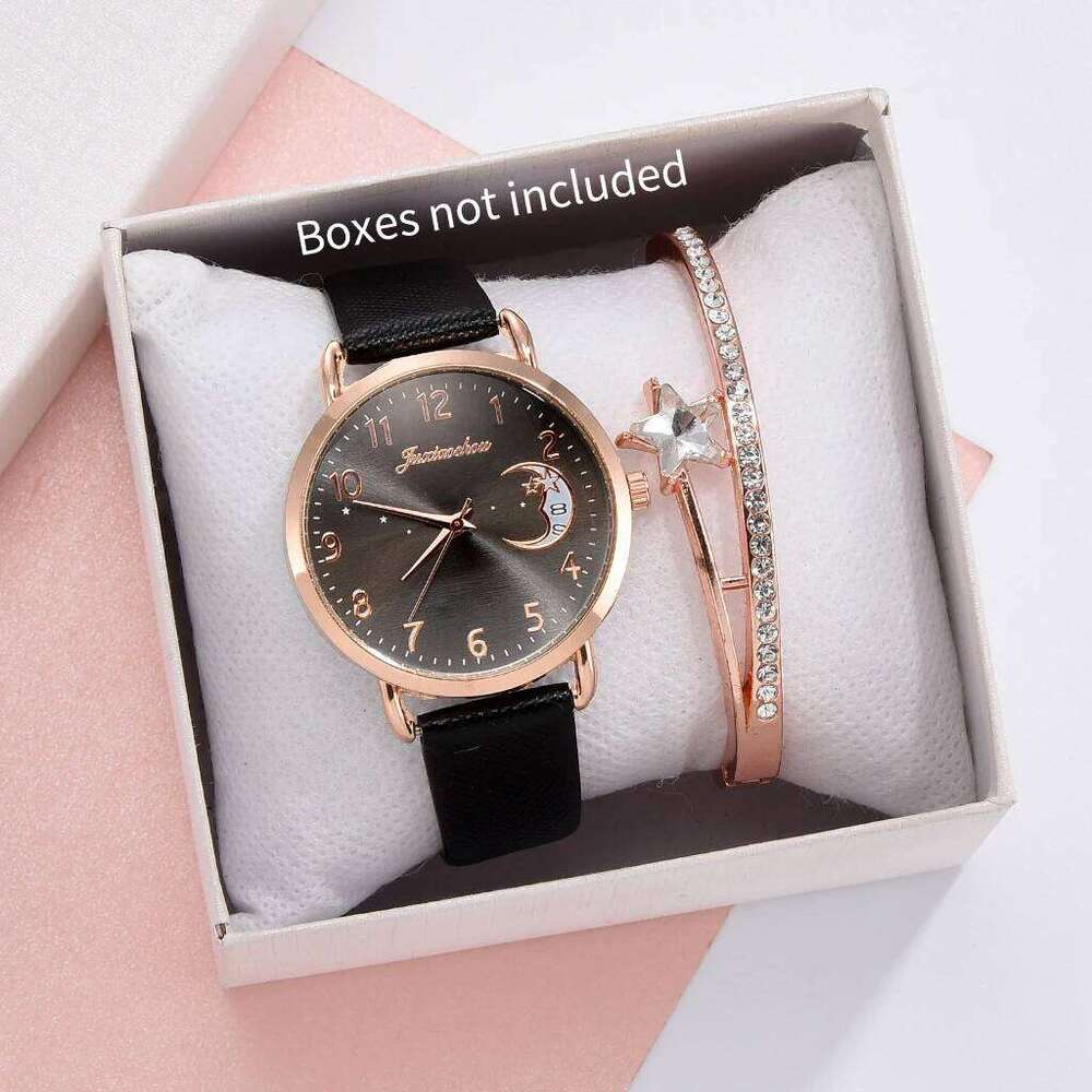 2PCS Fashion Moon Dial Women es Set Casual Leather Strap Ladies Quartz Wrist Reloj MujerWithout Box H260228