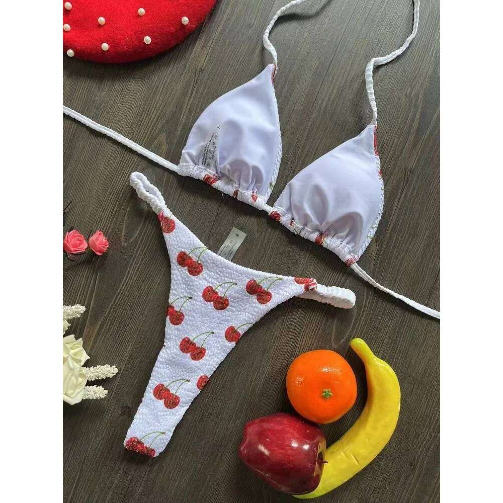 2024 brazilian bikini women suit, beach fashion, sexy thong swimsuit, cute cherry print Z260301
