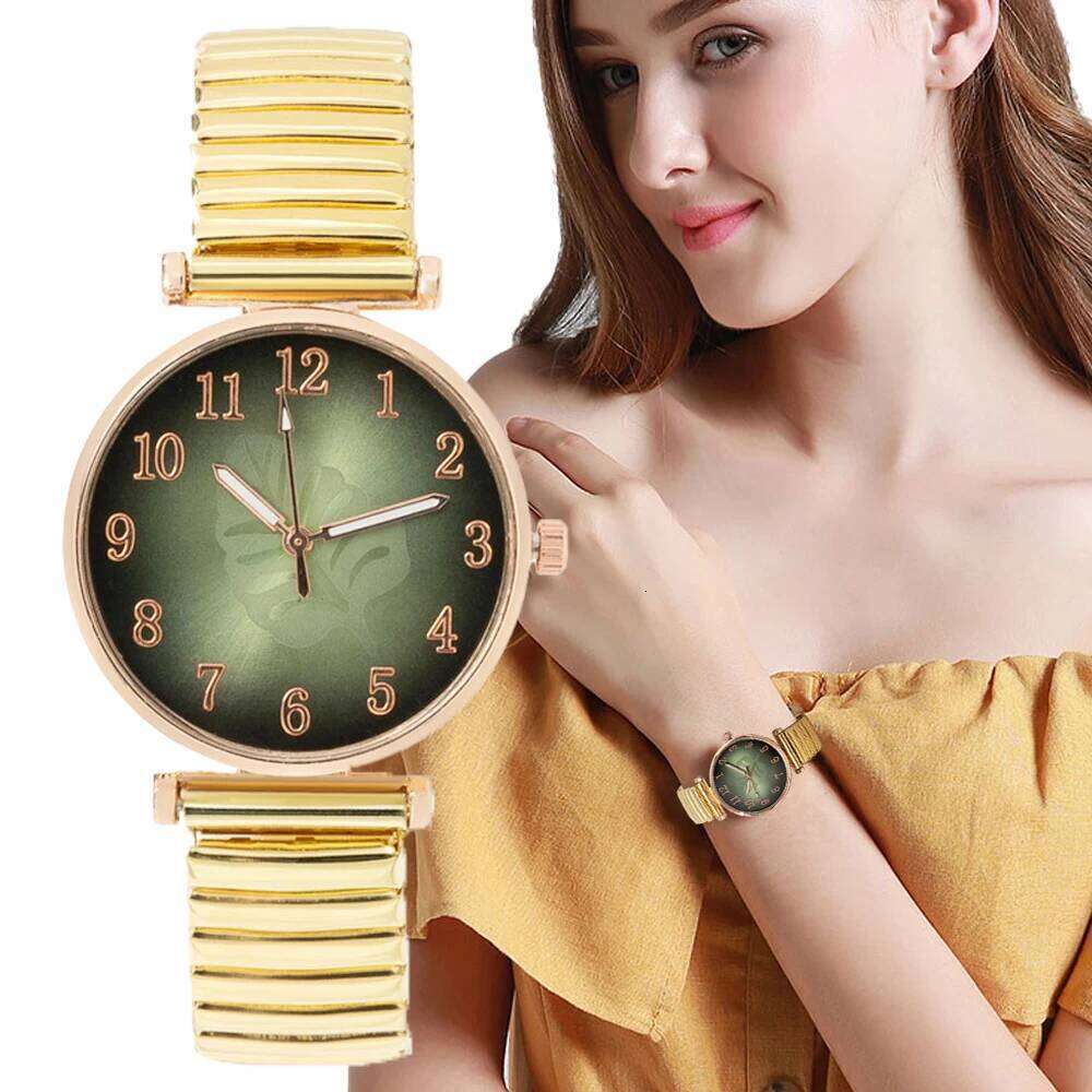 Minimalist Digital Leaf Pattern Women's Quartz Fashion Gold Stretch Classless Strap Ladies Dress Clock Wristes H260228