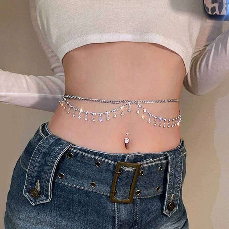Luxury Sexy Rhinestone Star Tassel Pendant Waist Belly Belt Chain for Women Bikini Rave Beach Body Jewelry Gift Y2K Accessories H260228