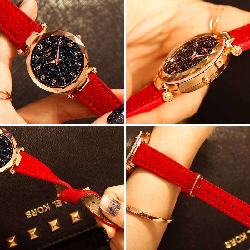 Xiaoya Women's Personality Romantic Starry Sky es Women Rhinestone Face Leather Band Quartz Wist Reloj Mujer H260228