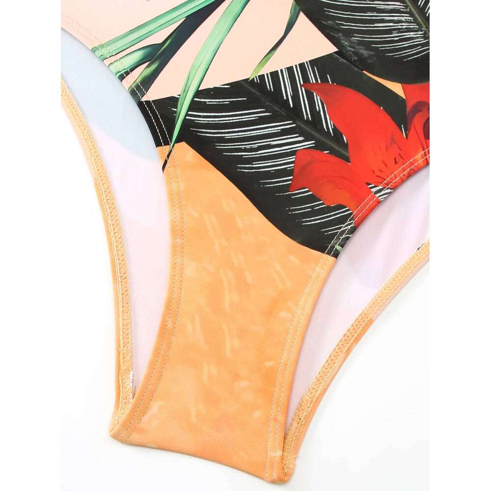 Summer retro digital printed lace up women's beach vacation one-piece swimsuit gauze skirt 2-piece set Z260301