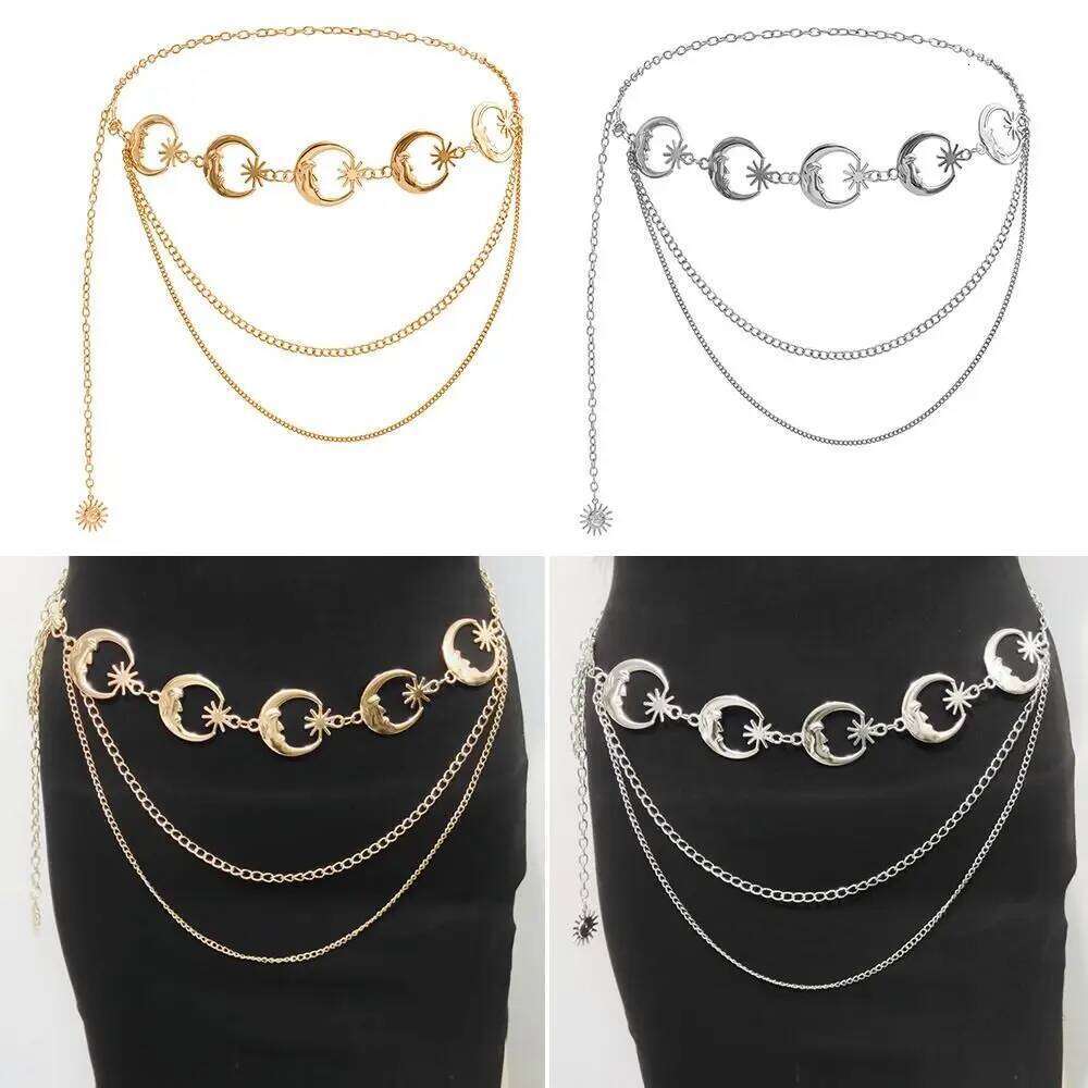Fashion Vintage Metal Punk Waist Chain Womans Layered Belt Moon Star Waistband Dress Cummerbands H260228