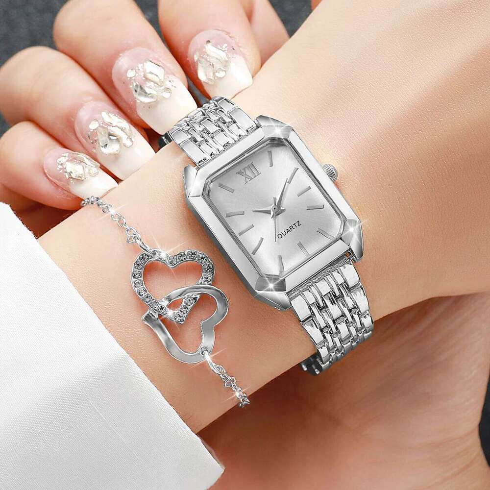 6PCS Fashion Rectangle Women es Heart Jewelry Set Ladies Quartz Wristes Reloj Mujer Girls Clock Gift Without Box H260228