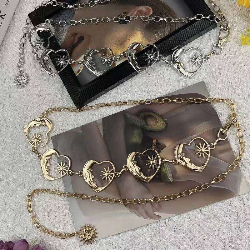Harajuku Metal Women Vintage Punk Gothic Moon Sun High Waist Chain Pendant Belts Female H260228
