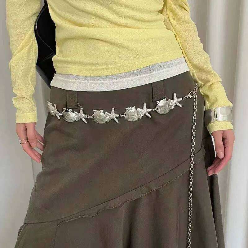 Exaggerated Metal Starfish Waist for Women Vintage Silver Color Pearl Shell Long Belly Chain Dress Jewelry Accessories H260228