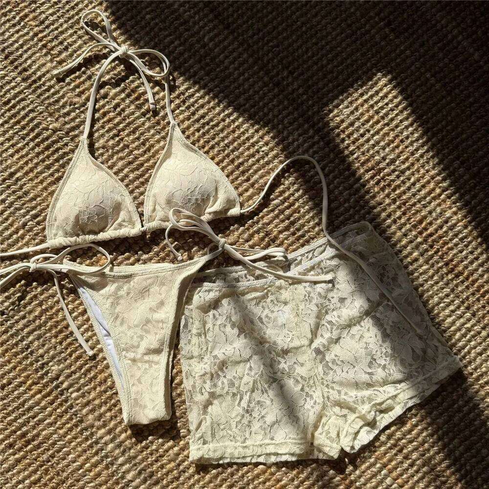 Solid White Lace Mesh Short Bikinis Sets 3 Piece Holiday Swimwear Sexy Swimsuit Women 2026 Beach Wear String Halter Bikini Donna Z260301