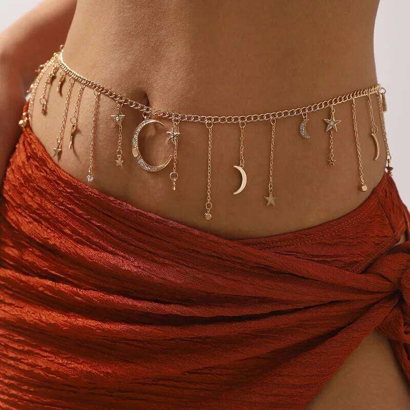 Summer Fashion Star Moon Tassel Waist for Women Sexy Rhinestone Belly Chain Beach Bikini Jewelry Body Decoration H260228