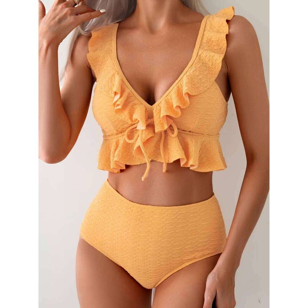2026 Sexy Strappy Ruffle Bikini Solid Swimwear Women High Waist Triangle Swimsuit Female Bathing Swimming Suit Padded Beachwear Z260301