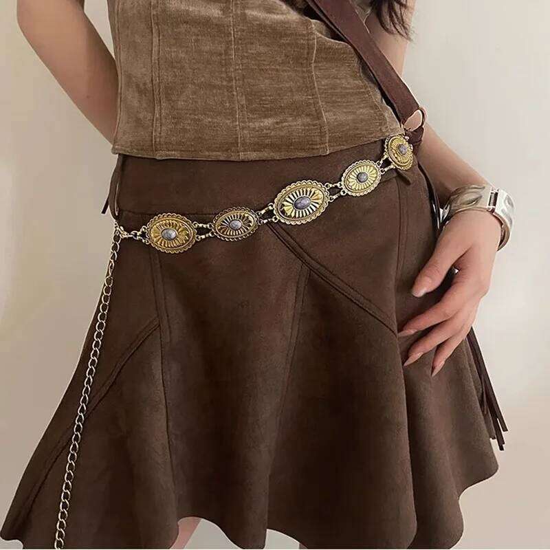 Vintage Punk Metal Hip Hop Style All-match Embossed Waist Chain Womans Belt For Dress High Belts for Women H260228