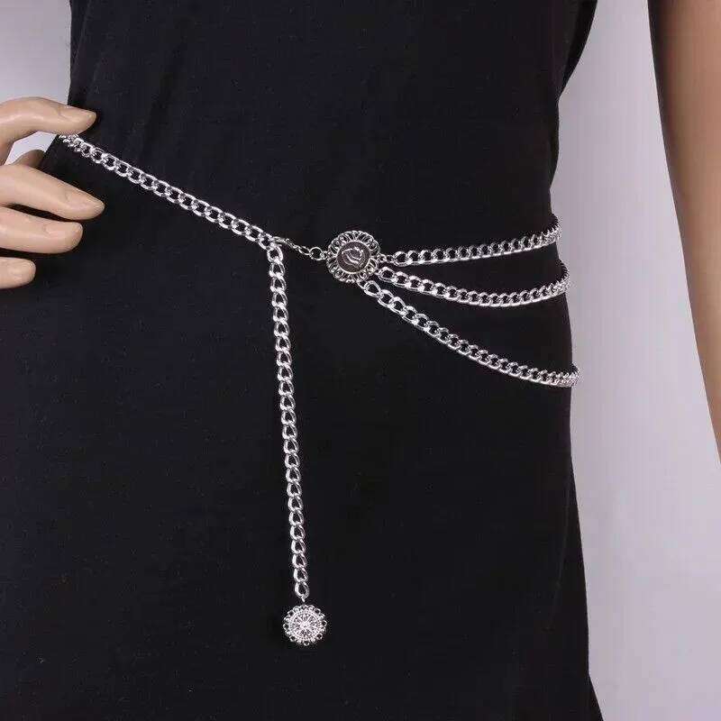 2025 Punk Hip Hop Style All-match Moon Metal Womans Dress Vintage High Waist Chain Belt for Women H260228